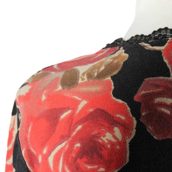 Vintage 1990s Whimsigoth Rose Print Bell Sleeve Blouse – Black Lace, Size L - Picture 5 of 9